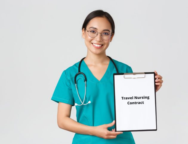 Travel nurse holding board with nursing contract